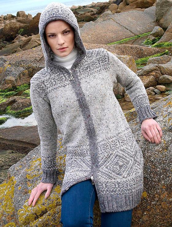aran cashmere Women's Fair Isle Long Hooded Coatigan with Celtic Knot Zipper Pull‎