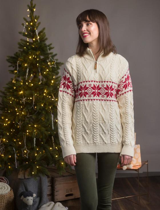 Aran Cashmere Women's Fairisle Snowflake Zip-Neck Aran