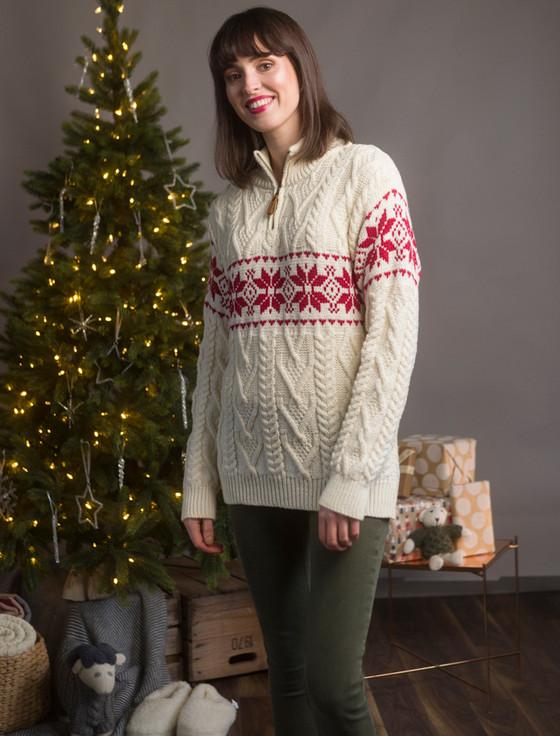 Aran Cashmere Women's Fairisle Snowflake Zip-Neck Aran