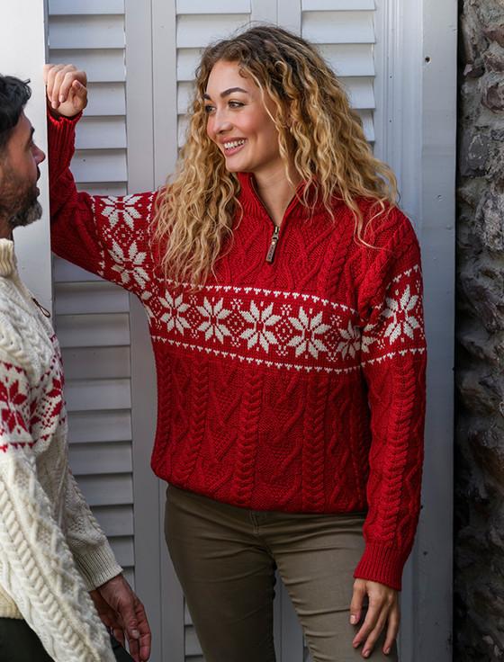 aran cashmere Women's Fairisle Snowflake Zip-Neck Aran