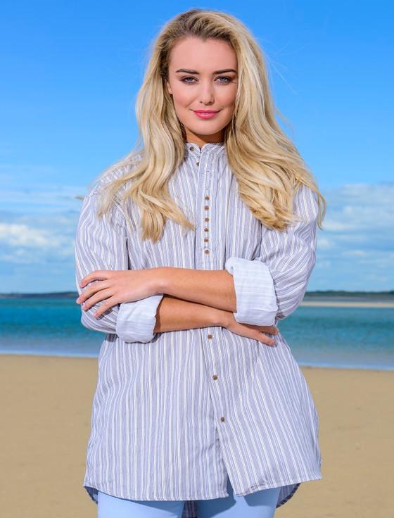 aran cashmere Women's Grandfather Shirt - Grey Stripe