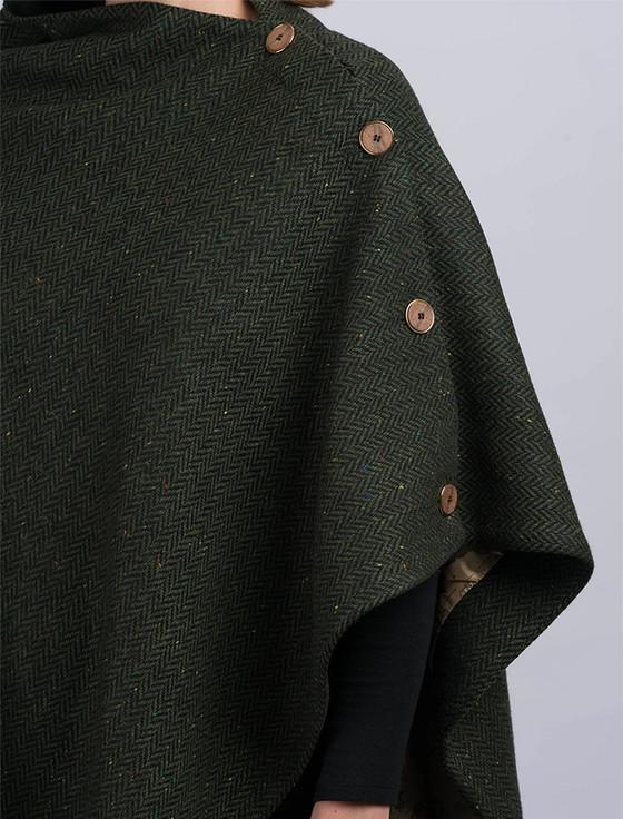 Aran Cashmere Women's Green Herringbone Tweed Wool Poncho