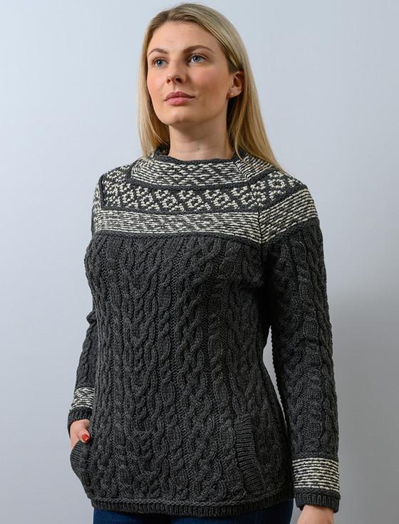 aran cashmere Women's Merino Fair Isle Aran Sweater With Pockets