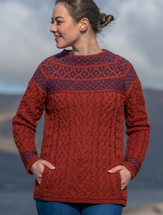 aran cashmere Women's Merino Fair Isle Aran Sweater With Pockets‎