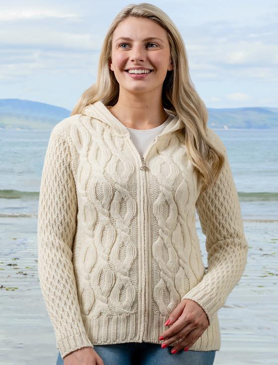 Aran Cashmere Women's Merino Wool Cable Knit Hoodie