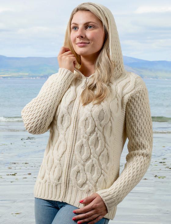 Aran Cashmere Women's Merino Wool Cable Knit Hoodie‎‎‎