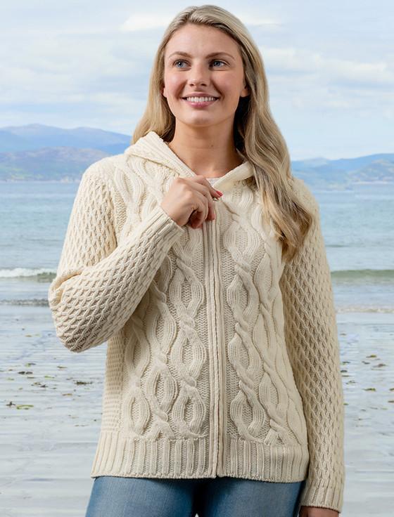 Aran Cashmere Women's Merino Wool Cable Knit Hoodie‎
