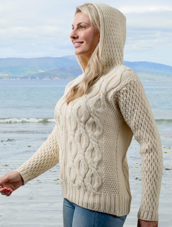 Aran Cashmere Women's Merino Wool Cable Knit Hoodie‎‎