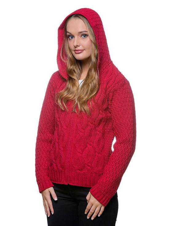 aran cashmere ‎Women's Merino Wool Cable ‎Knit Hoodie‎‎‎