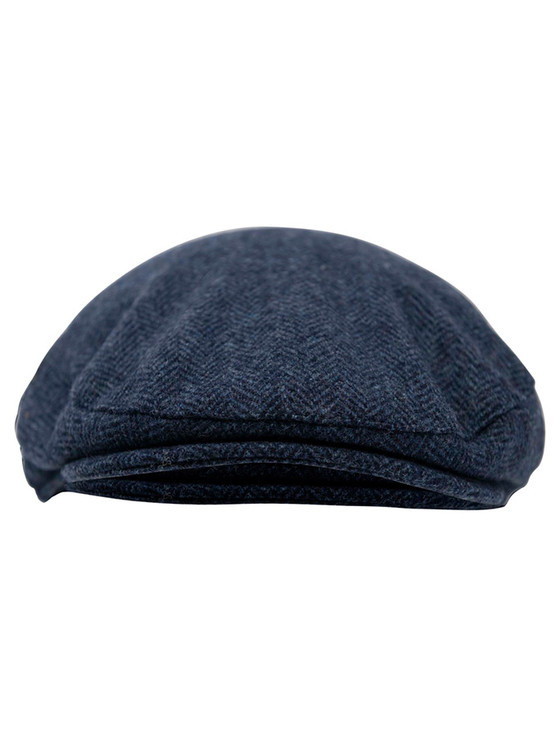 Aran Cashmere Wool Box Check Flat Cap - Blue Herringbone