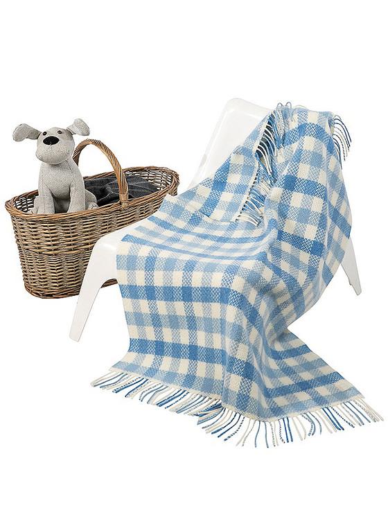 aran cashmere Wool Cashmere Baby Throw - Blue Block Check