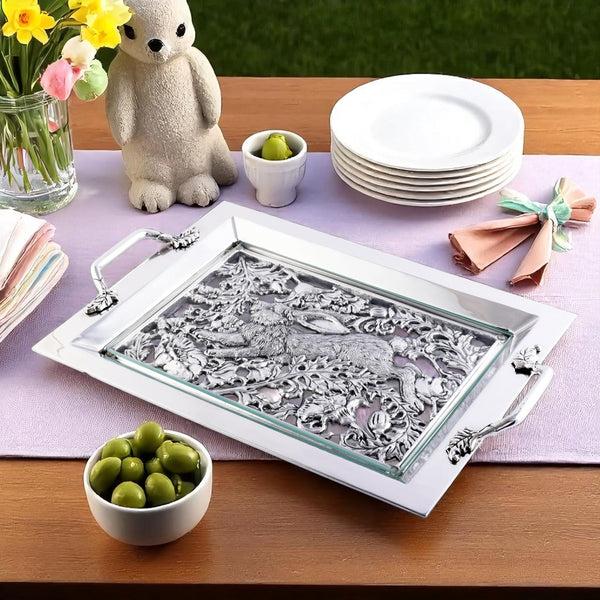 Arthur Court Running Rabbit Glass Top Serving Tray