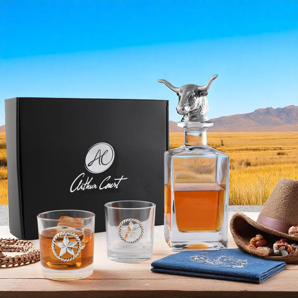 Arthur Court Longhorn Decanter Set With Pair Of Glasses