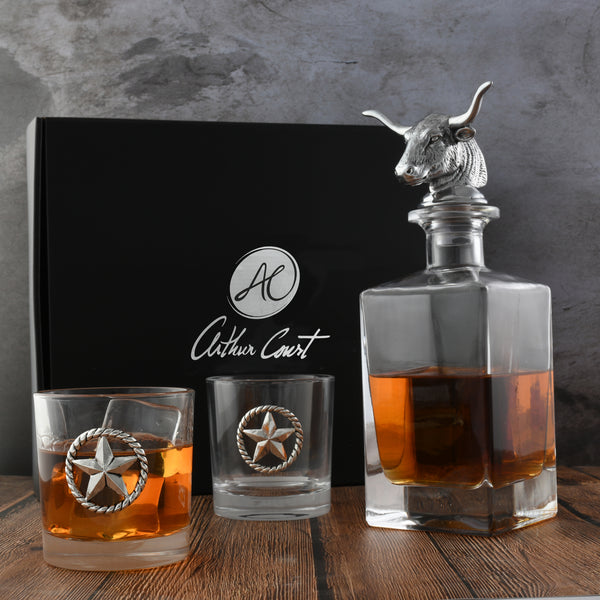 Arthur Court Longhorn Decanter Set With Pair Of Glasses