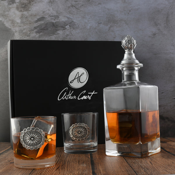 Arthur Court Western Concho Decanter Set With Glasses