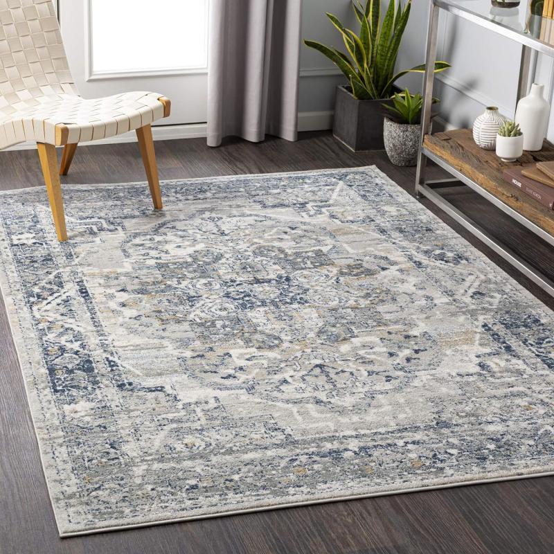artistic weavers Artistic Weavers Raii Vintage Textured Area Rug 7’10” x 10′ Gray/Dark Blue(5’3″ x 7’3″ Taupe/Navy)