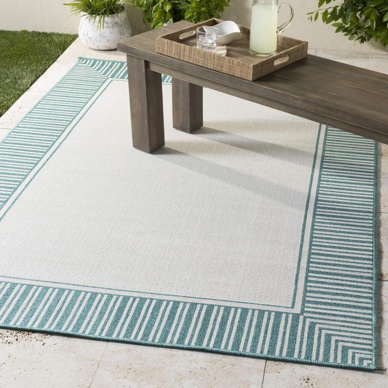 Artistic Weavers Livabliss Hampshire Solid Border Outdoor Area Rug 5’3″ X 7’7″ Black(Teal/White)