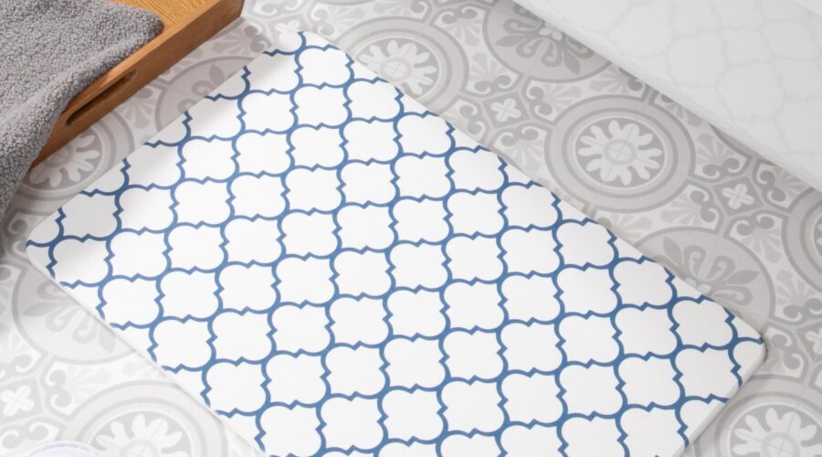 artsy doormats Blue Trellis White Stone Non Slip Bath Mat