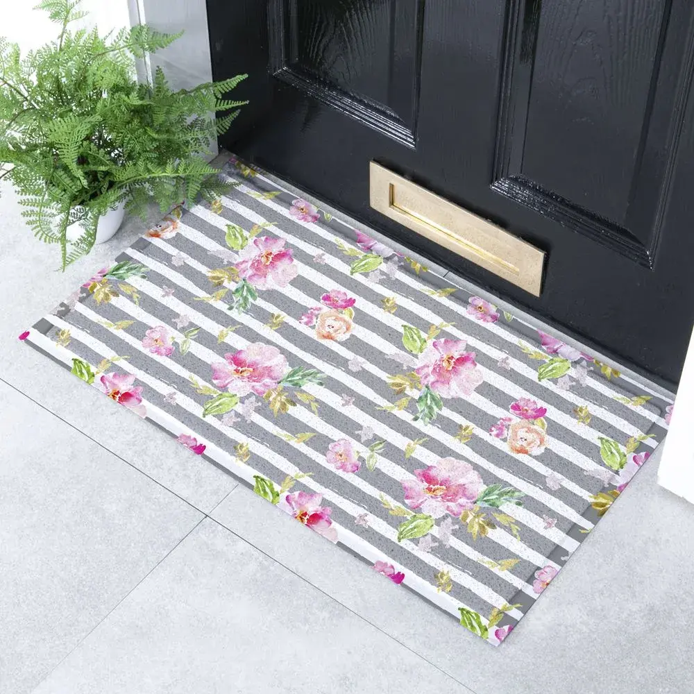artsy doormats Grey Striped Peony Indoor & Outdoor Doormat – 70x40cm