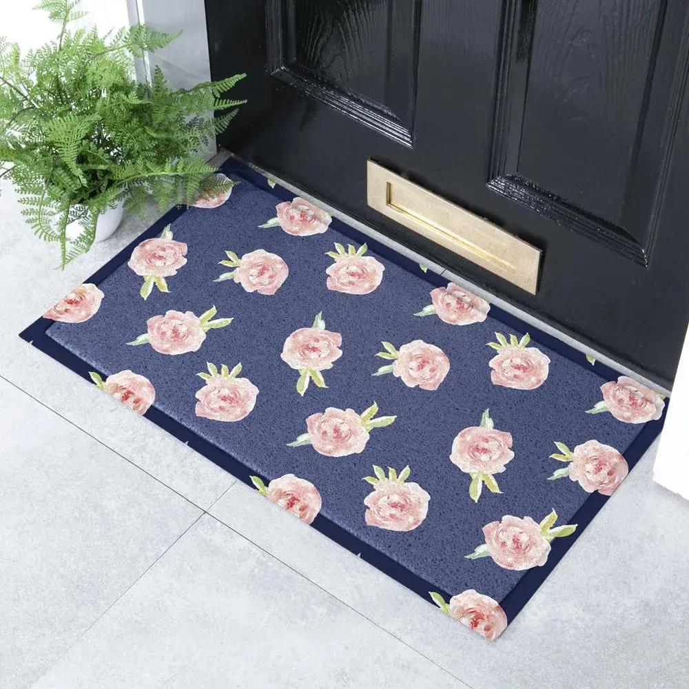artsy doormats Navy Pink Roses Indoor & Outdoor Doormat – 70x40cm