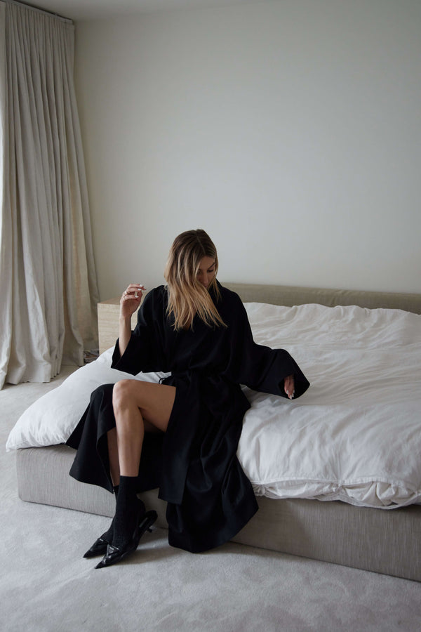 Asceno Athens Robe Black Wool Cashmere Flannel