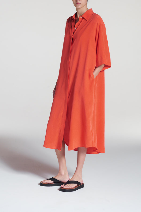 Asceno Catania Dress Coral Red Silk Crepe
