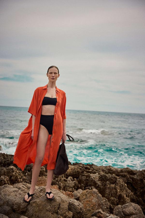 Asceno Catania Dress Coral Red Silk Crepe