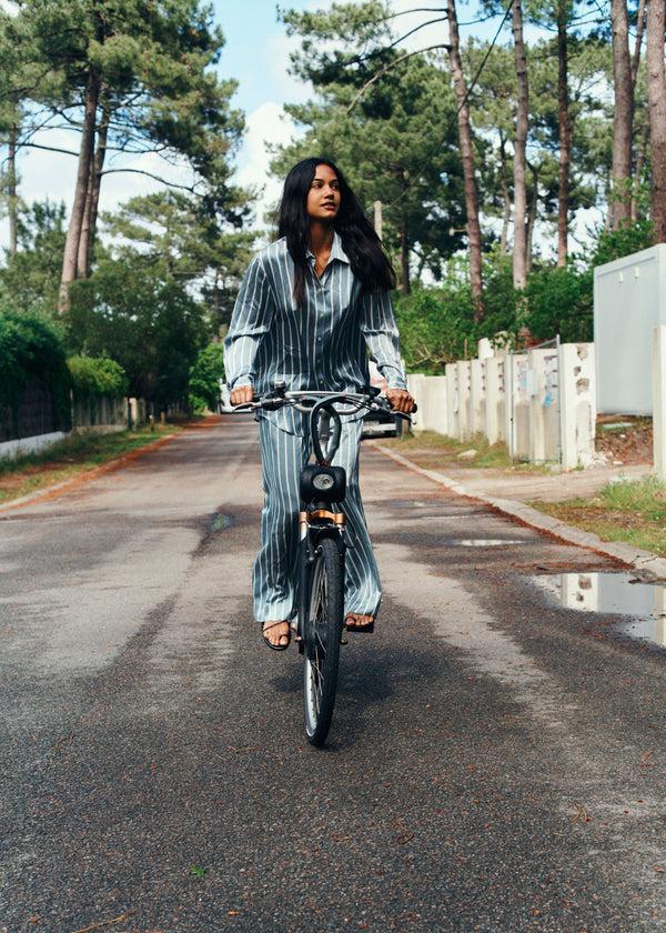 Asceno London Pyjama Bottom Dust Blue Stripe Silk