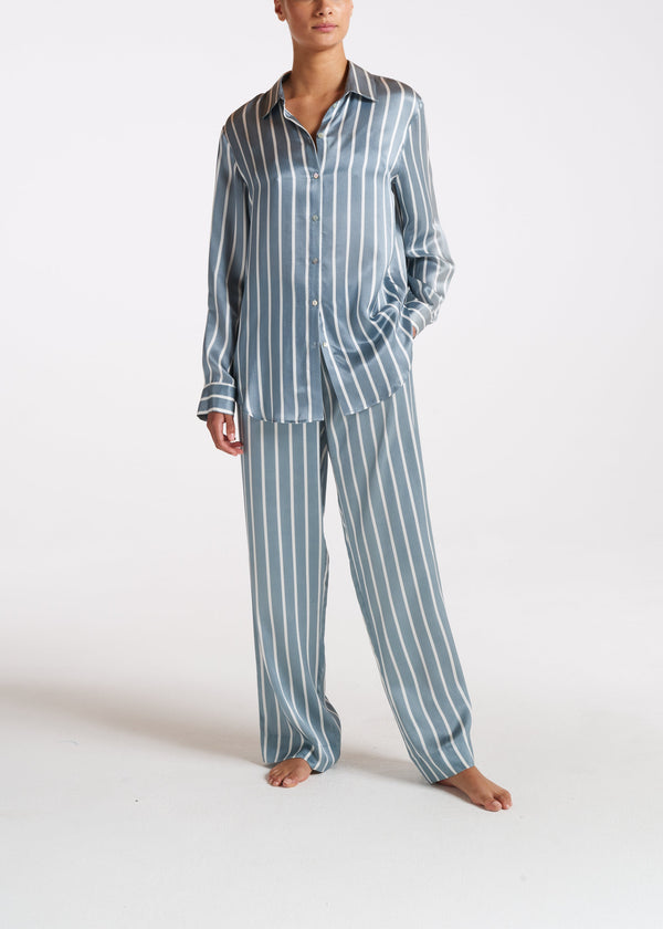 asceno London Pyjama Bottom Dust Blue Stripe Silk