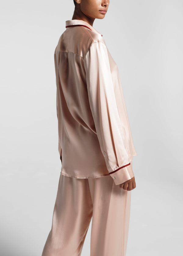 Asceno London Pyjama Top Blush Ribbon Piped Silk