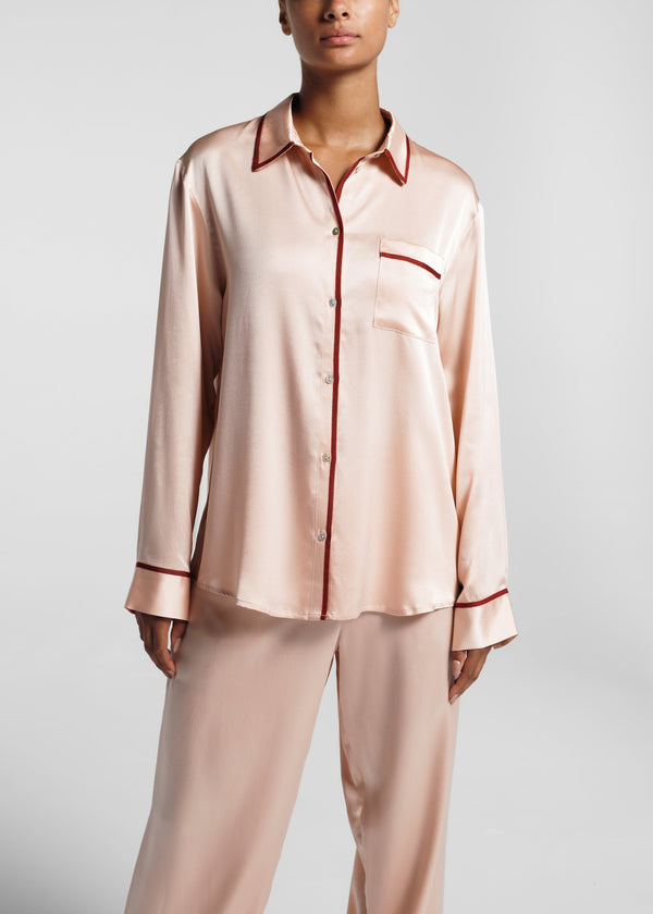 asceno London Pyjama Top Blush Ribbon Piped Silk