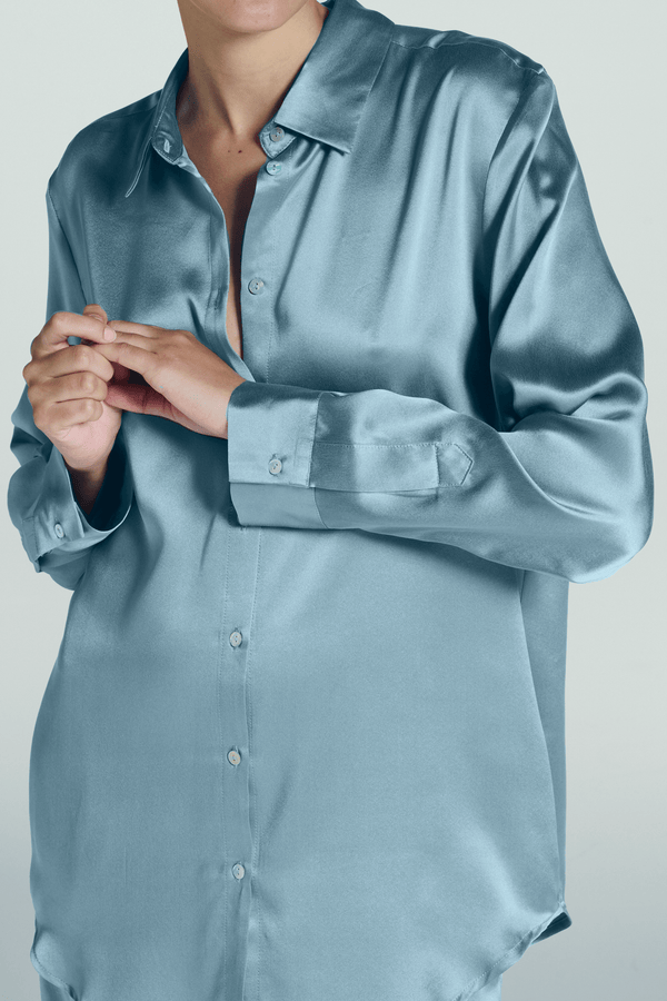 Asceno London Pyjama Top Dust Blue Silk
