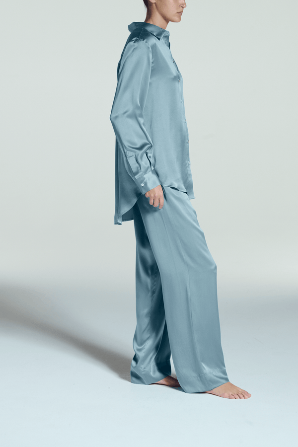 Asceno London Pyjama Top Dust Blue Silk