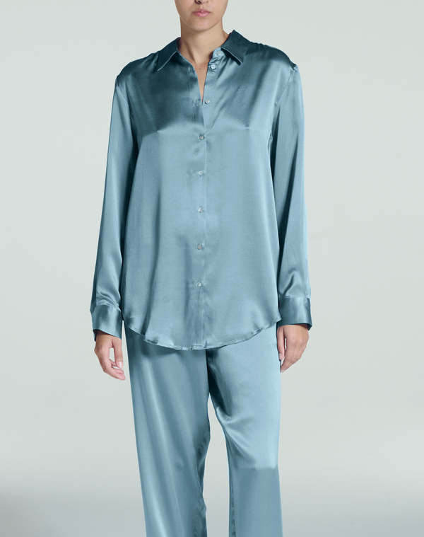asceno London Pyjama Top Dust Blue Silk