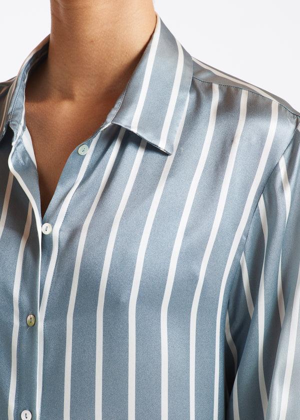 Asceno London Pyjama Top Dust Blue Stripe Silk