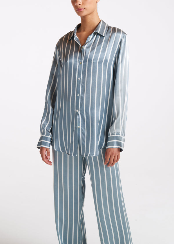 asceno London Pyjama Top Dust Blue Stripe Silk