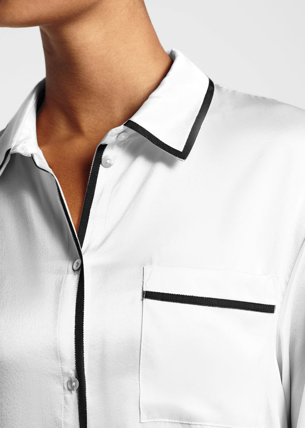 Asceno London Pyjama Top White Ribbon Piped Silk