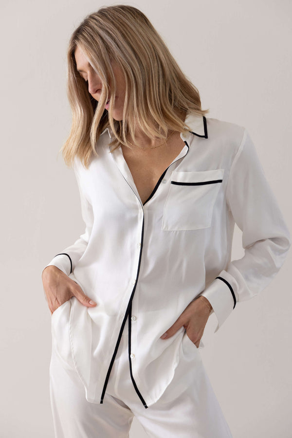 Asceno London Pyjama Top White Ribbon Piped Silk