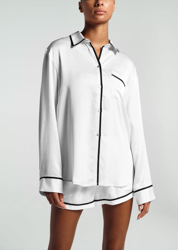 asceno London Pyjama Top White Ribbon Piped Silk
