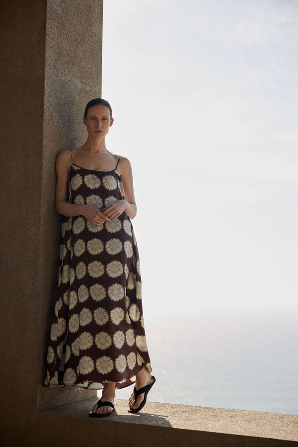 Asceno Napoli Dress Sunflower Mahogany Silk Twill
