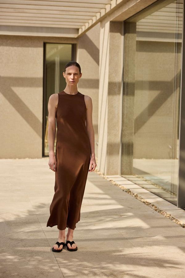 Asceno Valencia Dress Mahogany Silk Crepe