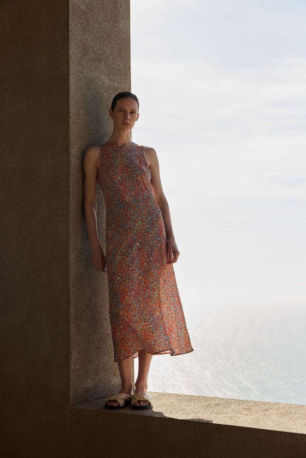 Asceno Valentina Dress Beachscape Coral Silk Crepe