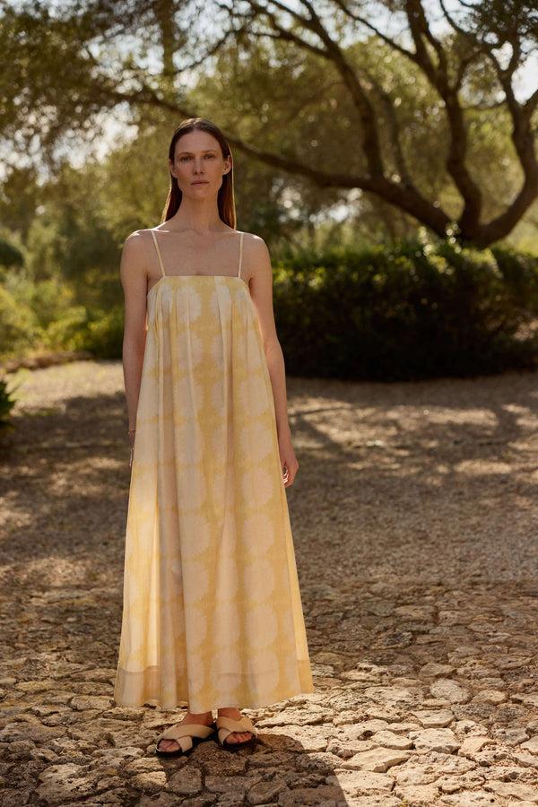 Asceno Heather Dress Abstract Sunflower Lemon Cotton