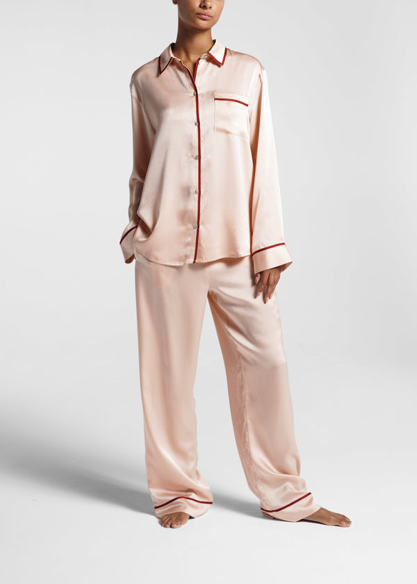 asceno London Pyjama Bottom Blush Ribbon Piped Silk