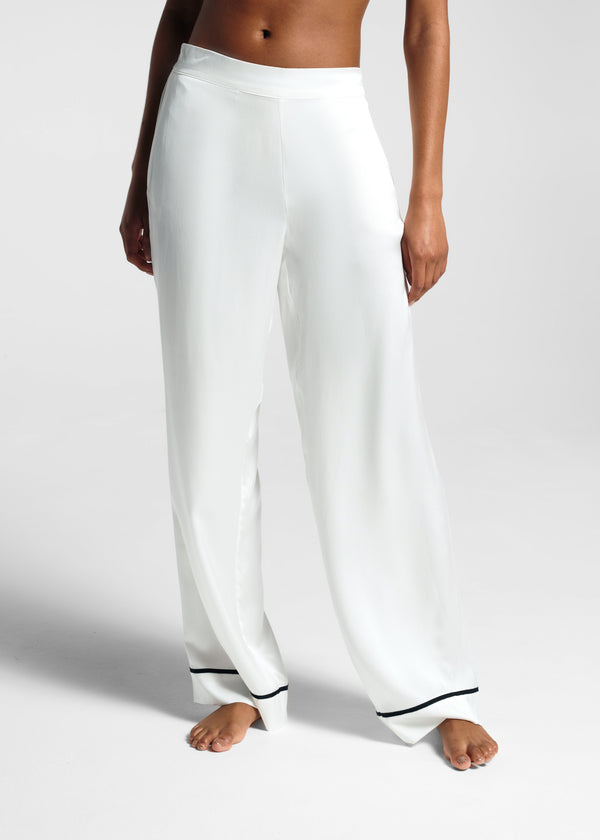 Asceno London Pyjama Bottom White Ribbon Piped Silk
