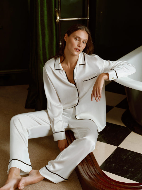 Asceno London Pyjama Bottom White Ribbon Piped Silk