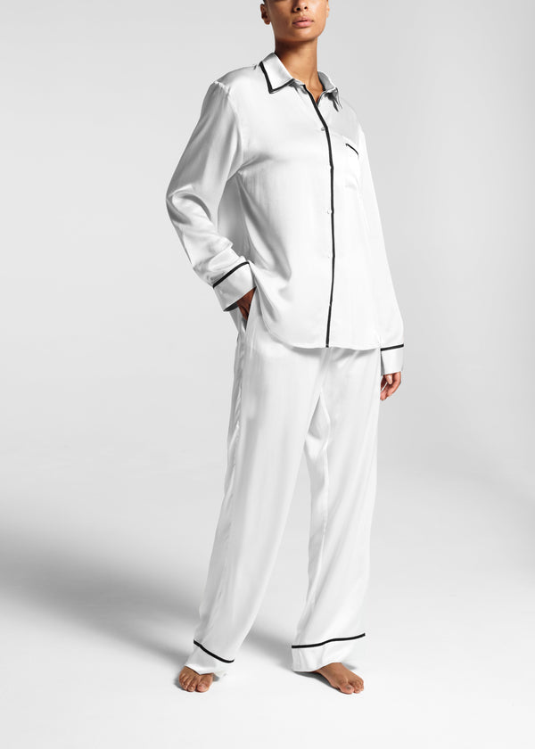 asceno London Pyjama Bottom White Ribbon Piped Silk