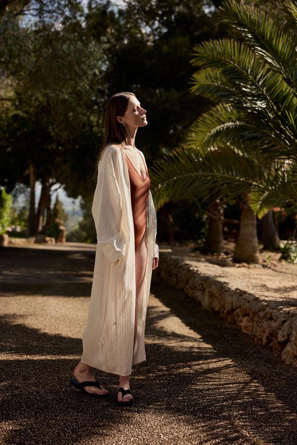 Asceno Lorenzo Robe Shell White Stripe Cotton Linen