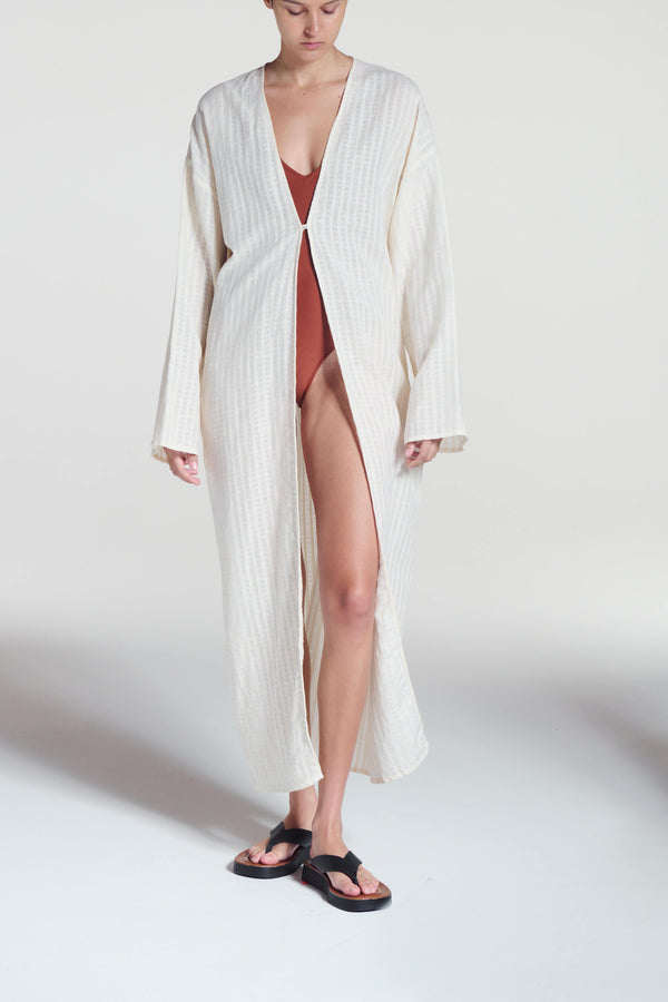 asceno Lorenzo Robe Shell White Stripe Cotton Linen
