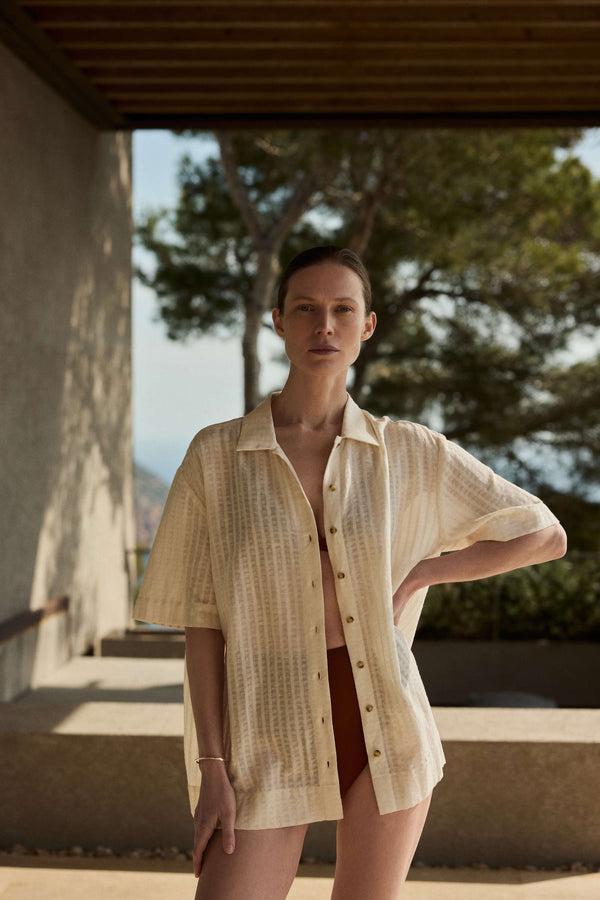 Asceno Montauk Shirt Shell White Stripe Cotton Linen